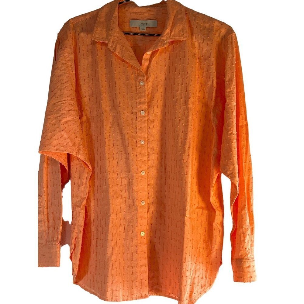 Loft Womens Button Up  Long Sleeve Blouse Dotted Swiss Orange Size M